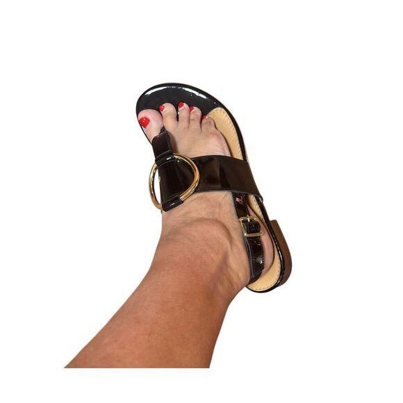 Coach & Four Women Sandals 8.5 Black Patent Leather Gold Ring Slingback Italy - Picture 3 of 10